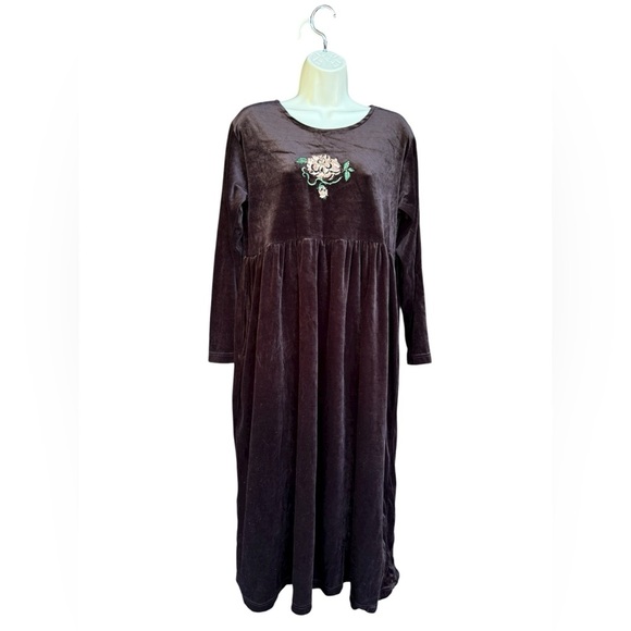 Vintage 90s Velveteen Babydoll Midi Dress Brown Embroidered Fairy Grunge Large - Picture 12 of 12